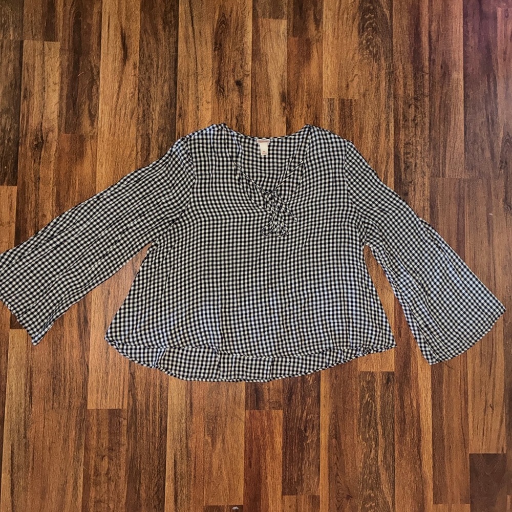 Mossimo Womens XXL Gingham Blouse Black White Bell Sleeve Tie V-Neck Top